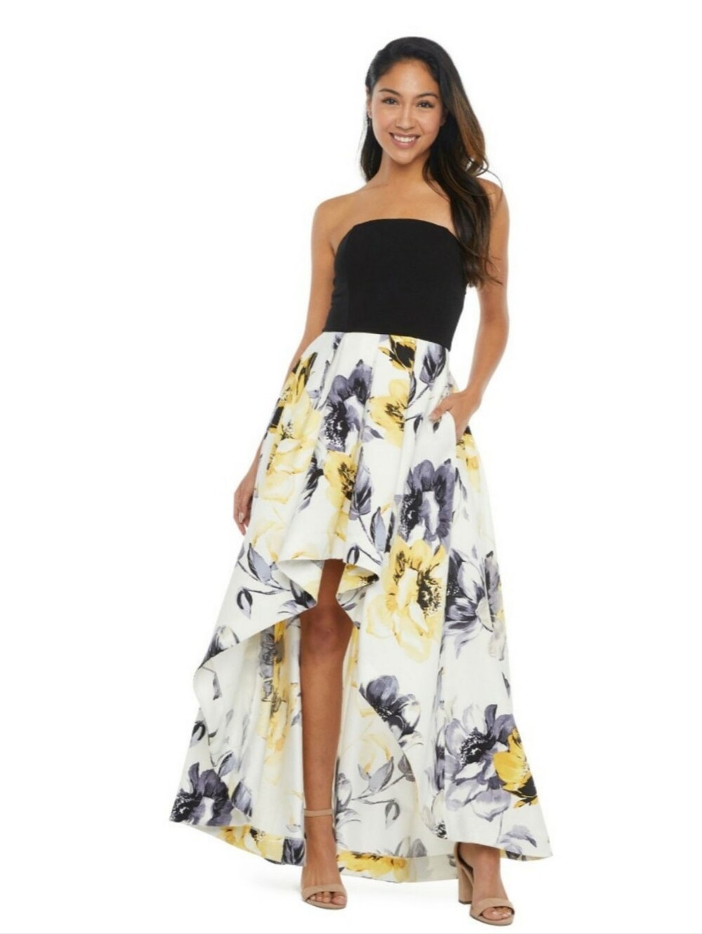 Speechless Black Bodice Yellow & Gray Floral High-Low Dress